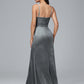 Spaghetti Straps Zipper Back Velvet Bridesmaid Dress With Slit