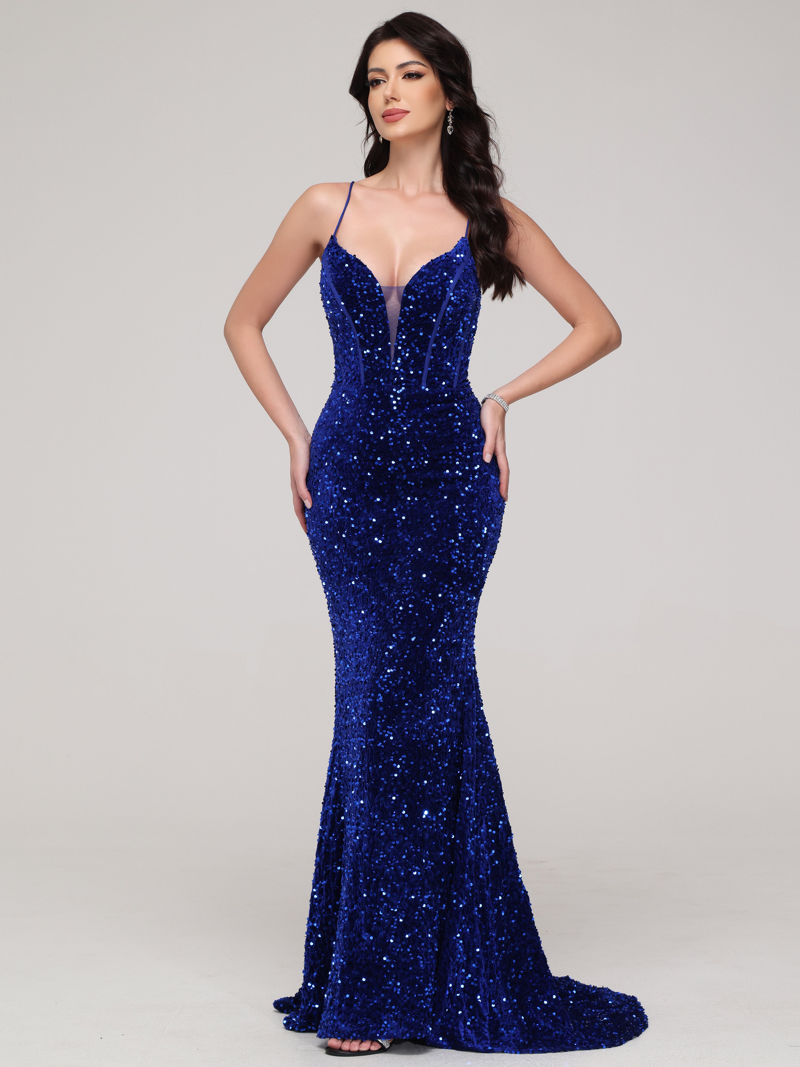 Sparkly Mermaid Spaghetti Straps Long Sequins Prom Dress