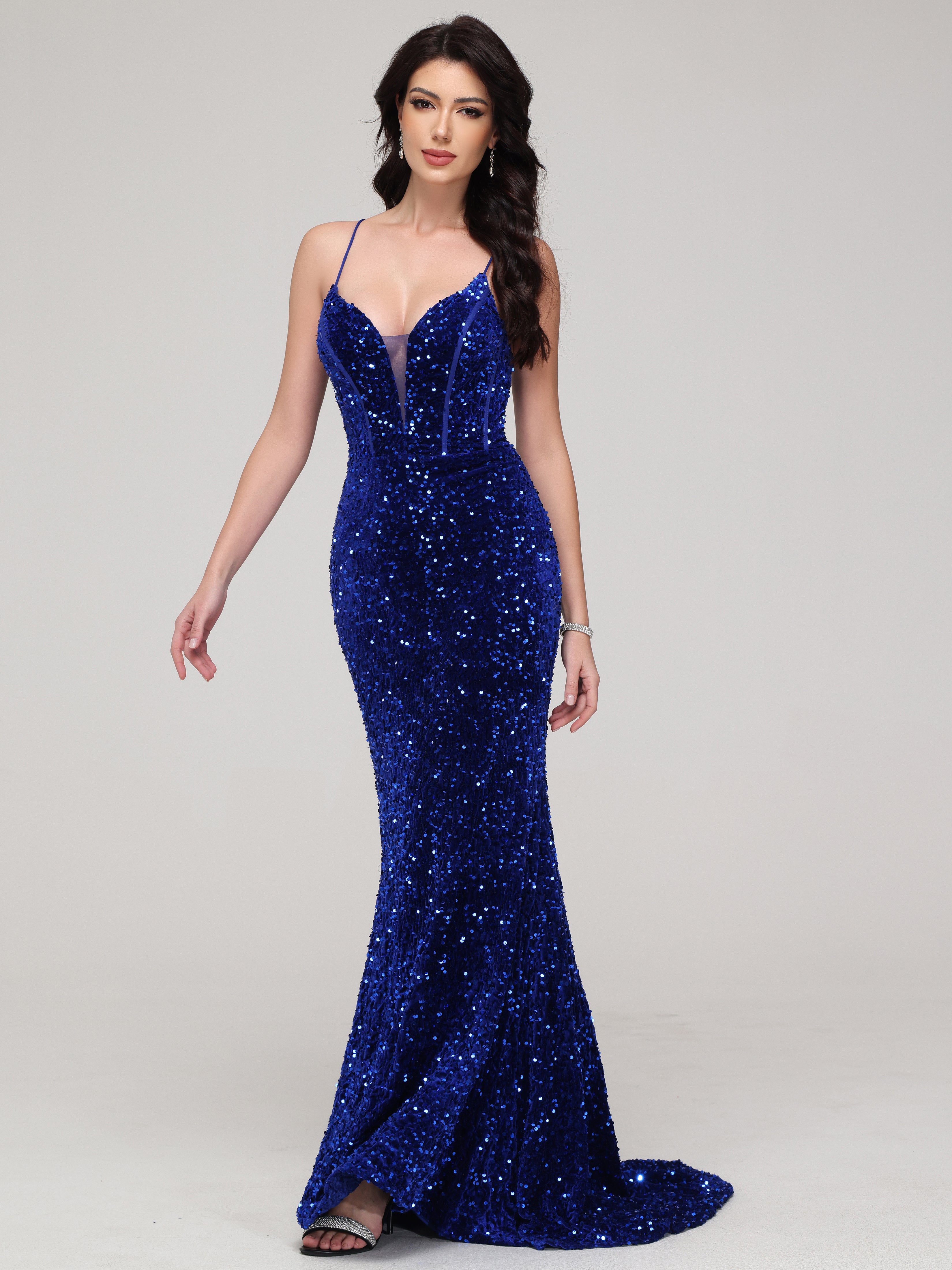 Sparkly Mermaid Spaghetti Straps Long Sequins Prom Dress