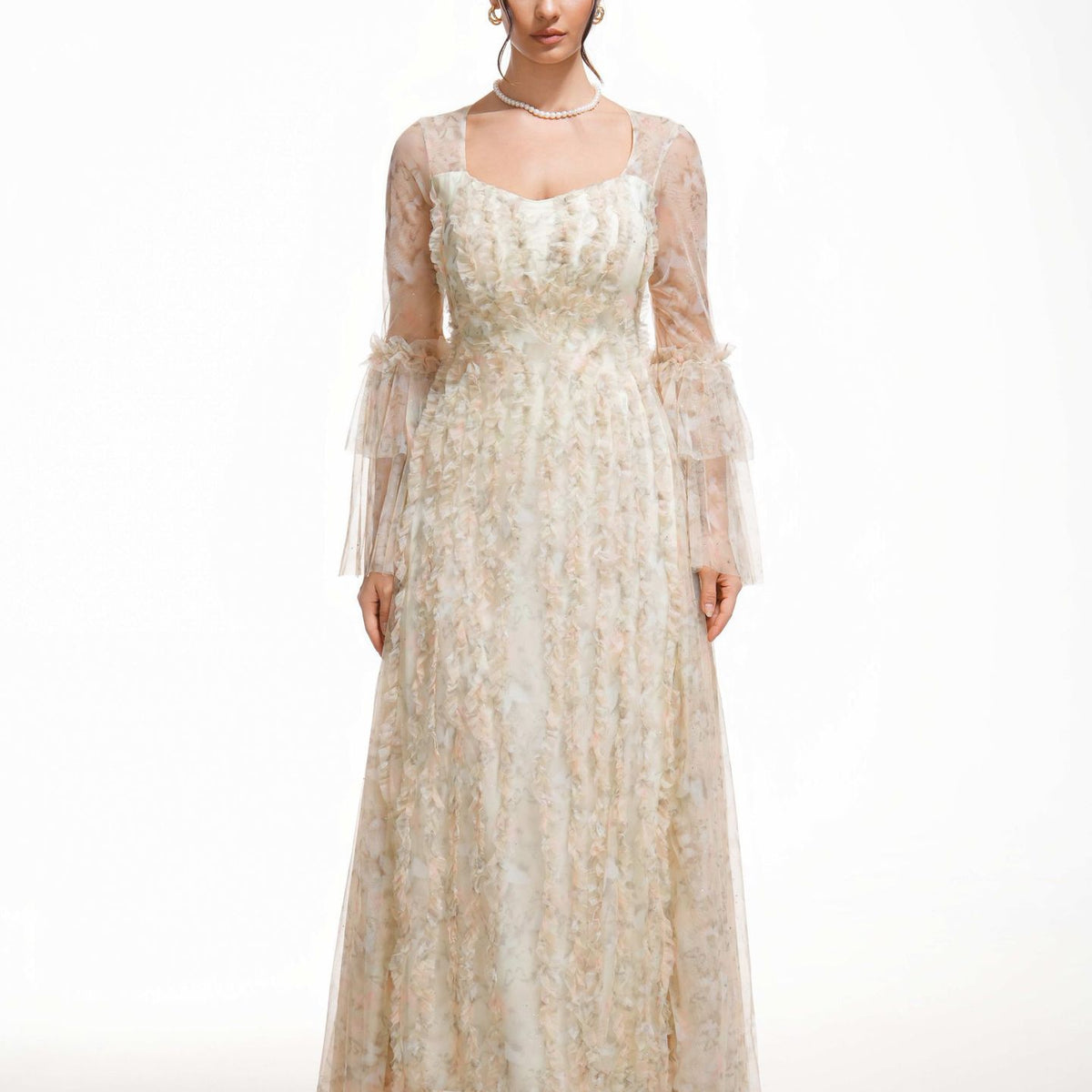 fitted lace wedding dress Sparkly Illusion Flared Sleeves Floral Long Prom Dresses, Daffodil / XL