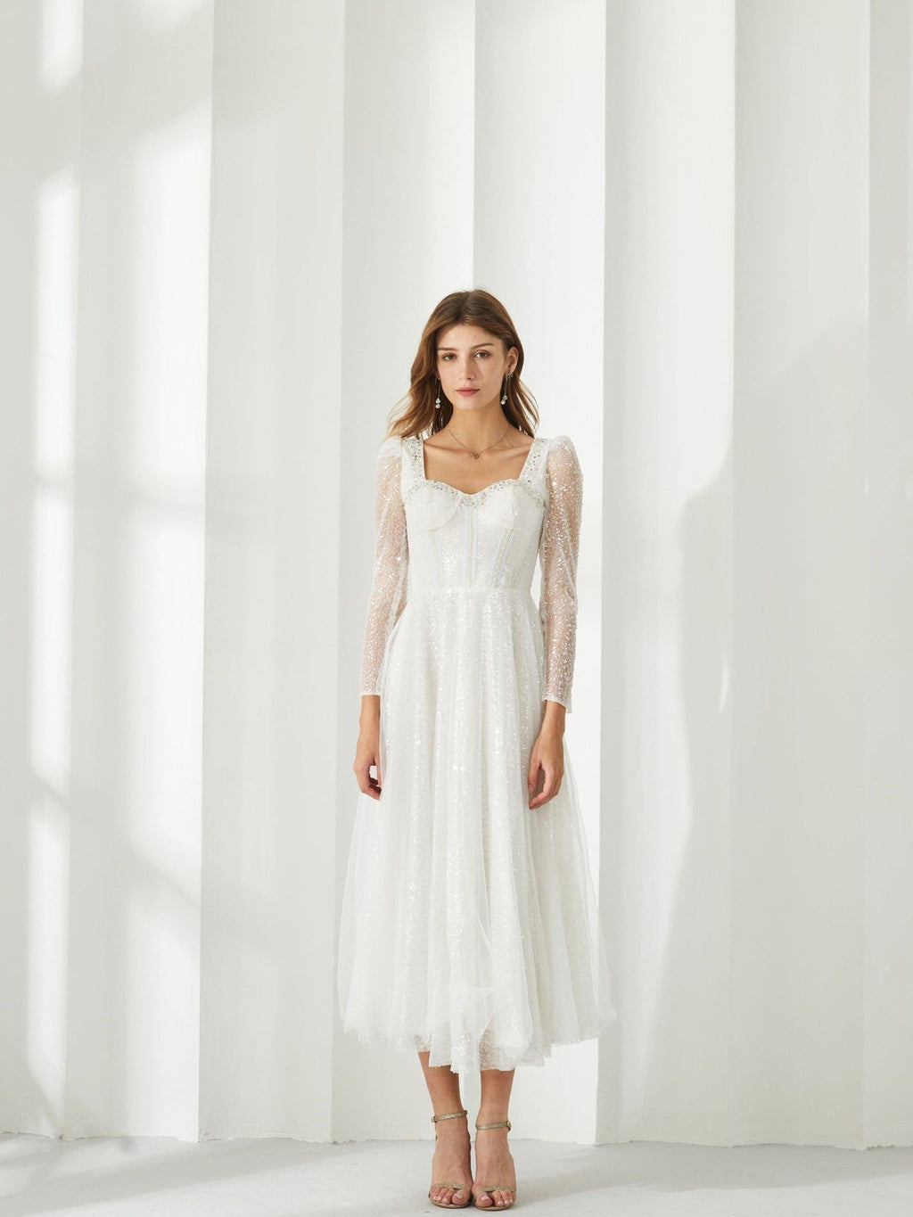 Sparkly White Sweetheart Long Sleeves Sequined Tea Length Formal Dress, White / L