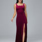 Square Neck Velvet Bridesmaid Dress With Slit