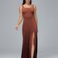 Square Neck Velvet Bridesmaid Dress With Slit