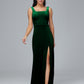 Square Neck Velvet Bridesmaid Dress With Slit