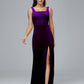 Square Neck Velvet Bridesmaid Dress With Slit