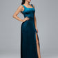 Square Neck Velvet Bridesmaid Dress With Slit