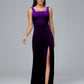 Square Neck Velvet Bridesmaid Dress With Slit