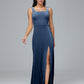 Square Neck Velvet Bridesmaid Dress With Slit