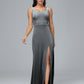 Square Neck Velvet Bridesmaid Dress With Slit