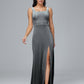 Square Neck Plus Size Velvet Bridesmaid Dress With Slit