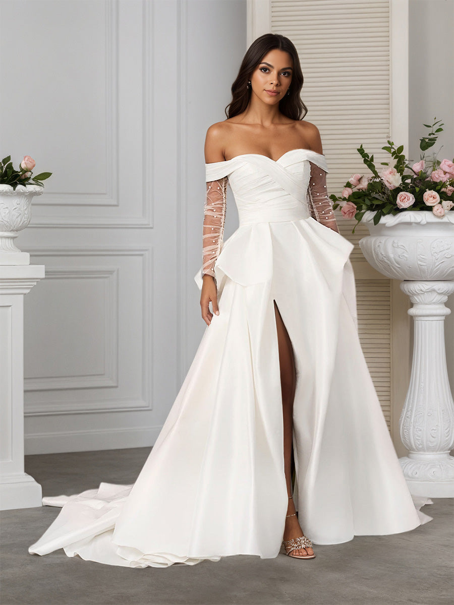 Elegant Ivory Satin Pleates Off The Shoulder Long Tulle Sleeve Wedding Dress Elegant Ivory Satin Pleates Off The Shoulder Long Tulle Sleeve Wedding Dress