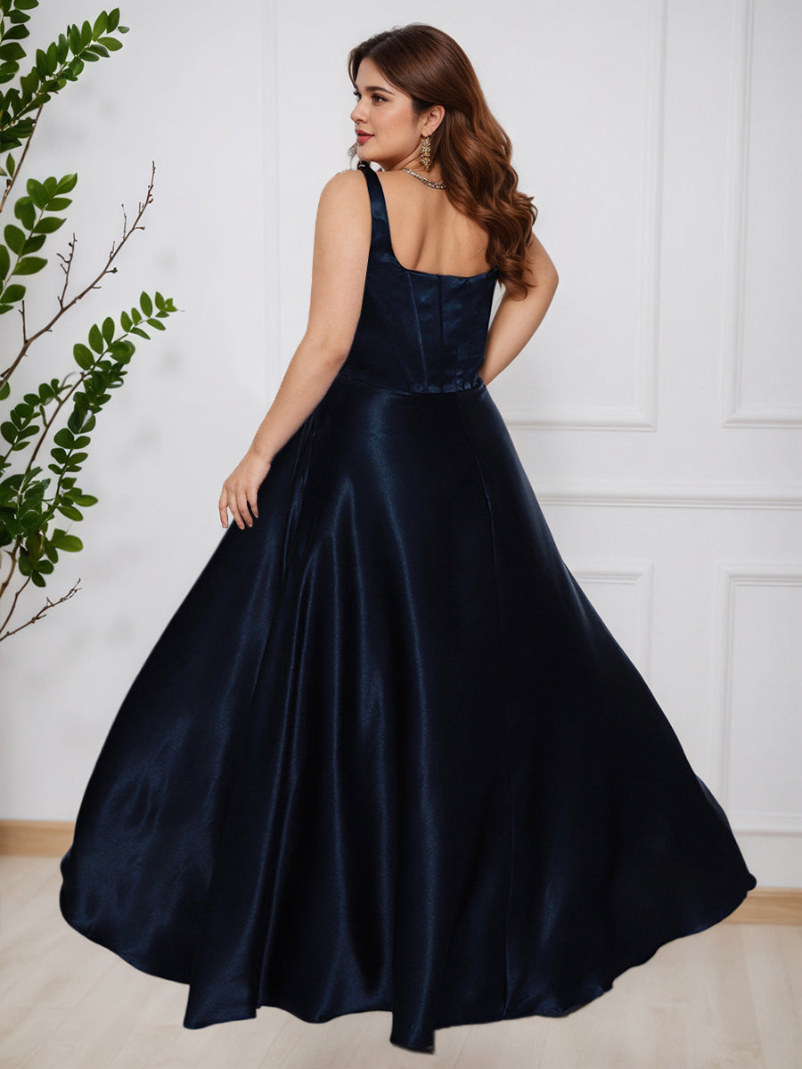 Simple Dark Navy Square Neck Long A-line Floor Length Plus Size Prom Dress