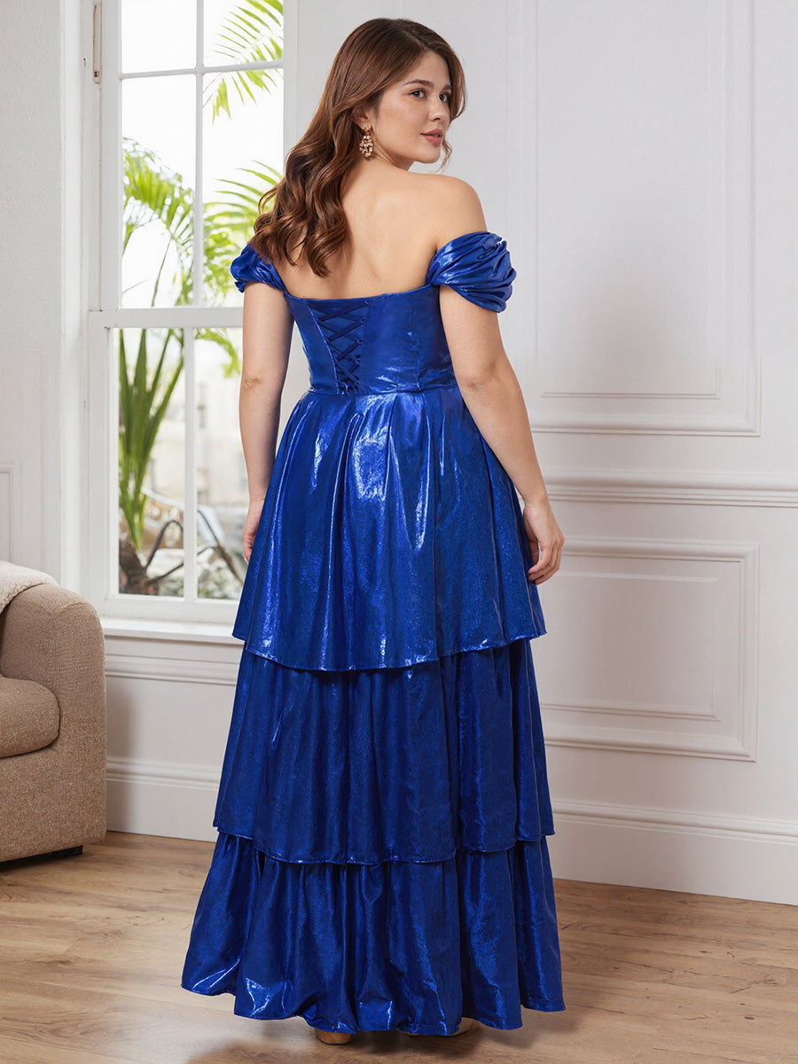 Off The Shoulder Floor Length Royal Blue Layered Plus Size Prom Dress
