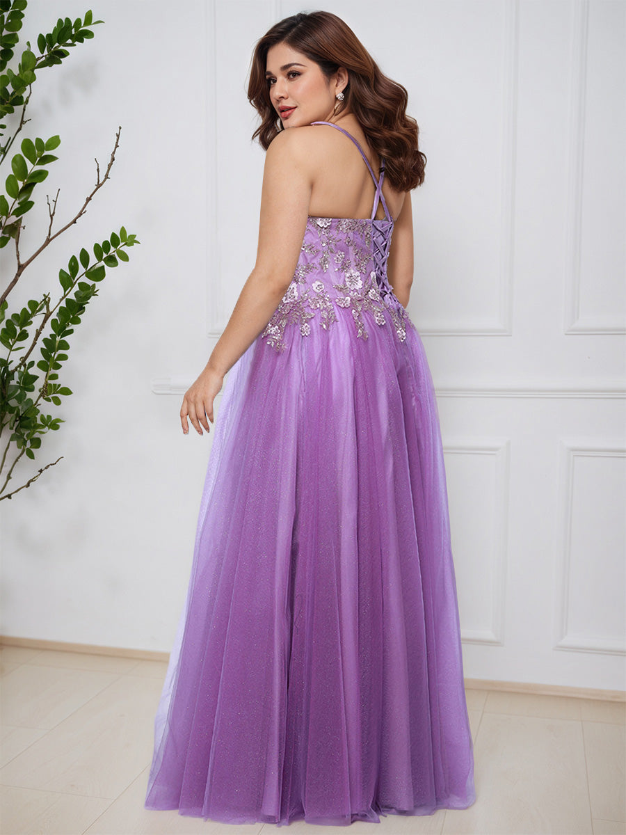 Flowy Spaghetti Straps Floor Length Lace Tulle Long Plus Size Prom Dress