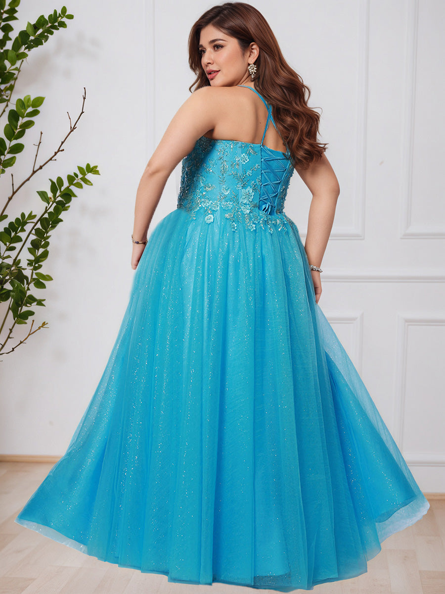 Charming Spaghetti Straps Floor Length Lace Tulle Long Plus Size Prom Dress
