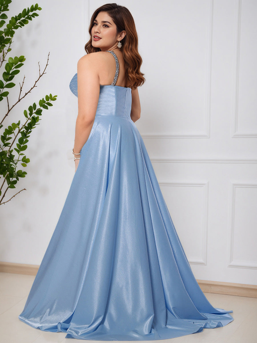 Beauty Beading Sky Blue Sheath Long Sleeveless Plus Size Prom Dress