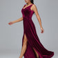 V Neck A Line Plus Size Velvet Bridesmaid Dress With Slit