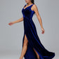 V Neck A Line Plus Size Velvet Bridesmaid Dress With Slit