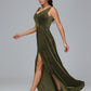 V Neck A Line Plus Size Velvet Bridesmaid Dress With Slit