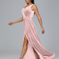 V Neck A Line Plus Size Velvet Bridesmaid Dress With Slit