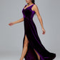 V Neck A Line Plus Size Velvet Bridesmaid Dress With Slit