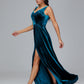 V Neck A Line Plus Size Velvet Bridesmaid Dress With Slit