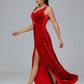 V Neck A Line Plus Size Velvet Bridesmaid Dress With Slit