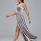 V Neck A Line Plus Size Velvet Bridesmaid Dress With Slit