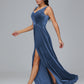V Neck A Line Plus Size Velvet Bridesmaid Dress With Slit