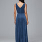 V Neck A Line Velvet Bridesmaid Dress With Slit