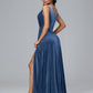 V Neck A Line Velvet Bridesmaid Dress With Slit