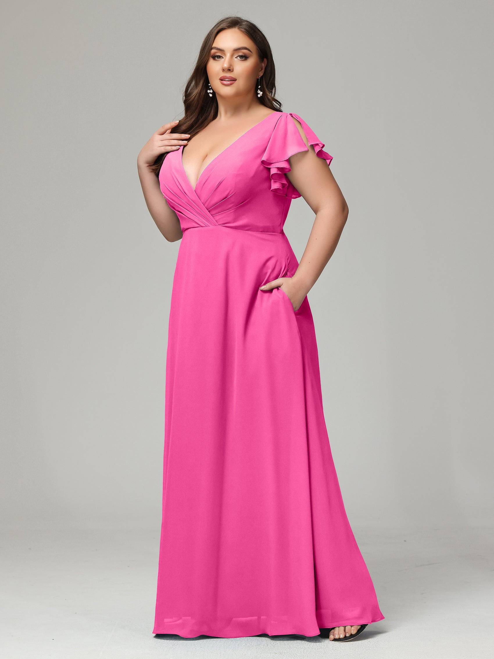 V-neck Chiffon Bridesmaid Dress with Bow Back Candy Pink Plus Size main image 1