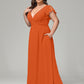 V Neck Chiffon Plus Size Long Bridesmaid Dresses with Sleeves