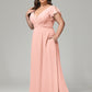 V Neck Chiffon Plus Size Long Bridesmaid Dresses with Sleeves