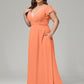 V Neck Chiffon Plus Size Long Bridesmaid Dresses with Sleeves