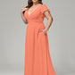 V Neck Chiffon Plus Size Long Bridesmaid Dresses with Sleeves