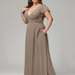 V Neck Chiffon Plus Size Long Bridesmaid Dresses with Sleeves