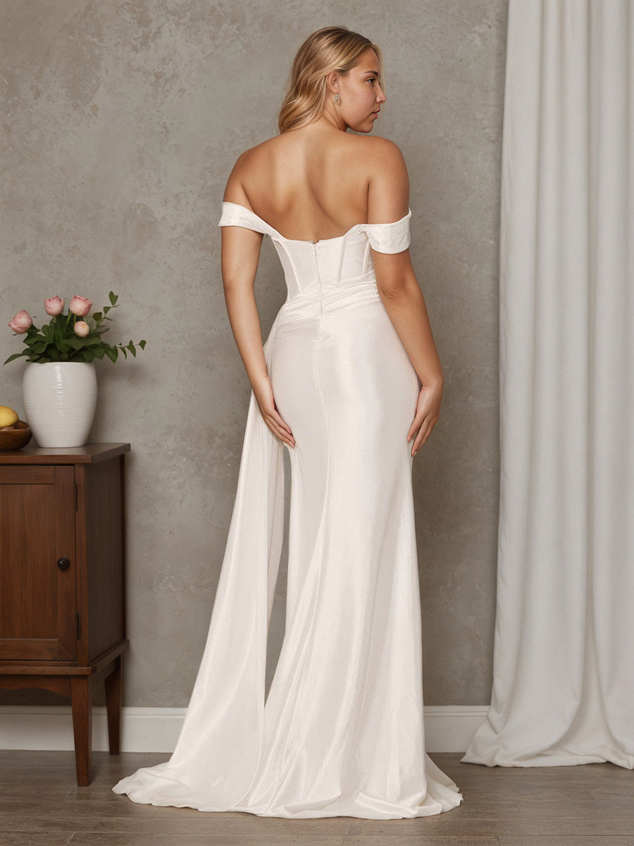 Off The Shoulder Split Ivory Long Zipper Back Long Wedding Dress