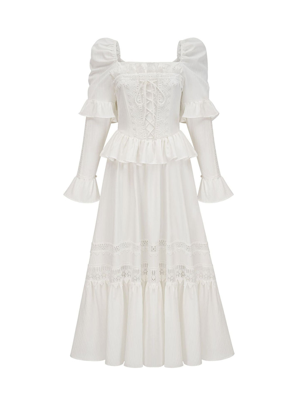 White Princess Flared Sleeves Square Neck Waistband Lace Appliques Maxi Prom Dress, White / L White Princess Flared Sleeves Square Neck Waistband Lace Appliques Maxi Prom Dress, White / L