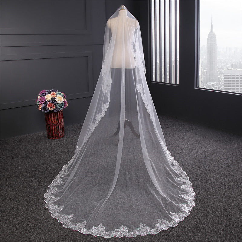 Wedding Veil One-Tier Tulle Lace Edge Chapel Veils Sequins Appliques TS91048