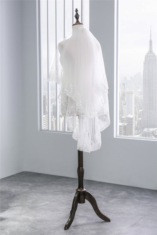 Wedding Veil Two-Tier Tulle Lace Edge Elbow Bridal Veils Appliques TS91002