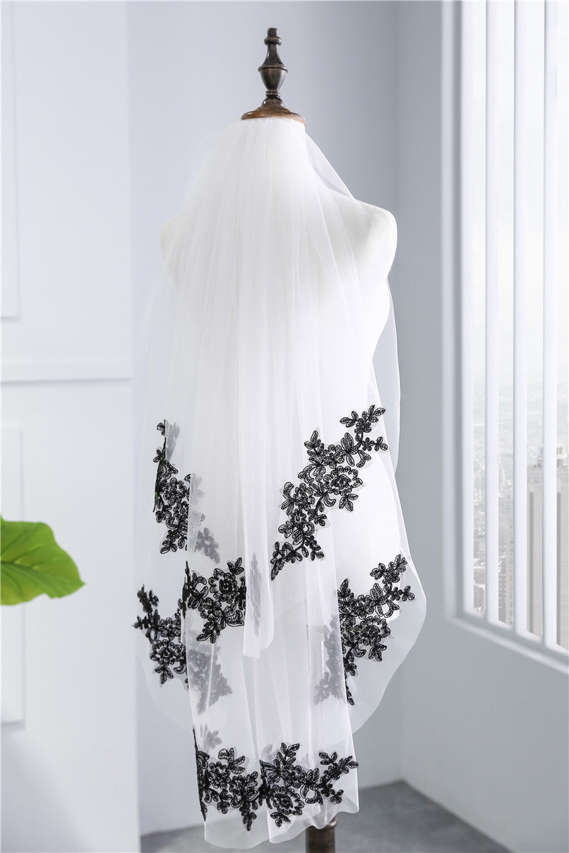 Wedding Veil Two-Tier Tulle Lace Edge Elbow Bridal Veils Black Appliques TS91008