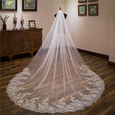 Wedding Veil One-Tier Lace Edge Tulle Cathedral Veils Sequin Appliques TS9016