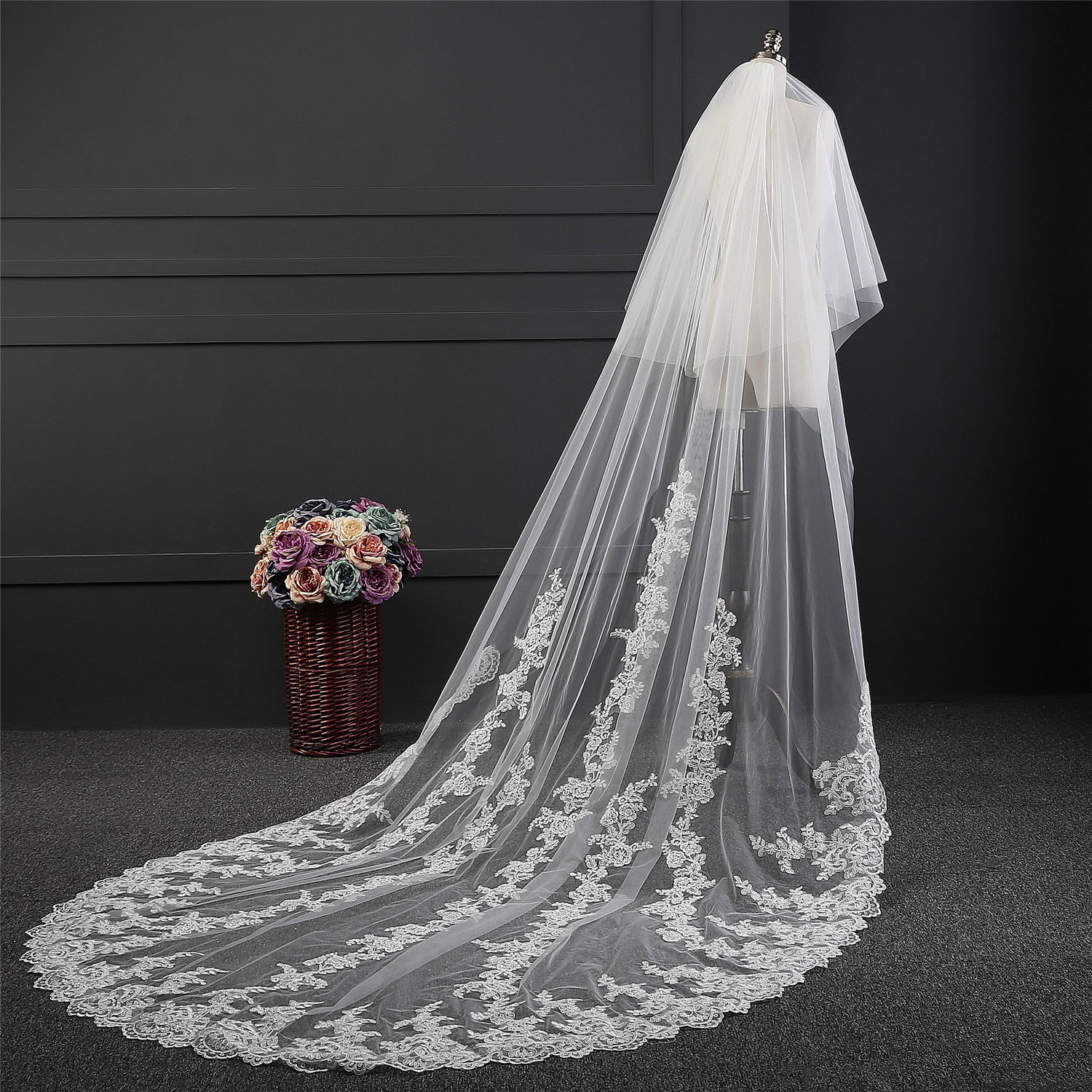 Twigs & Honey Silk Tulle Alencon Lace Trim Veil - Style #222 108 Train and 26 Blusher