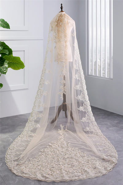 Wedding Veil One-Tier Lace Edge Tulle Cathedral Veils Sequin Appliques TS9009