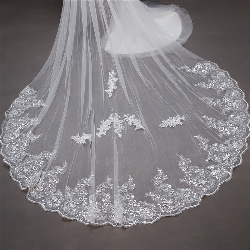 Wedding Veil Two-Tier Tulle Lace Edge Cathedral Veils Sequins Appliques  TS91014