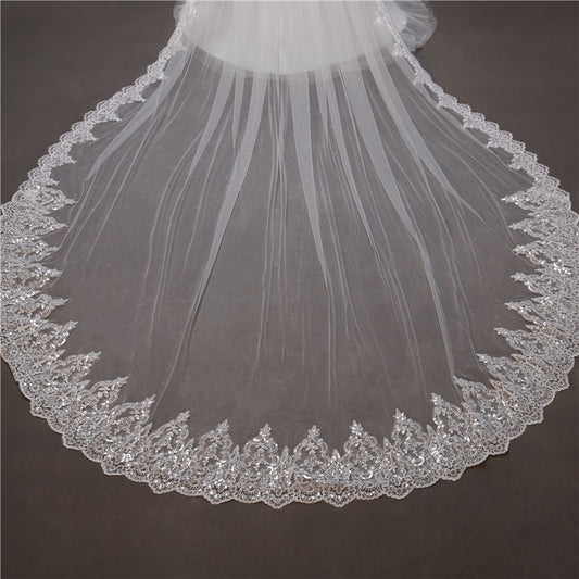 Wedding Veil One-Tier Tulle Lace Edge Cathedral Veils Sequins Appliques TS91019