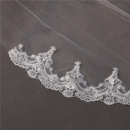 Wedding Veil One-Tier Tulle Lace Edge Chapel Veils Appliques TS91012