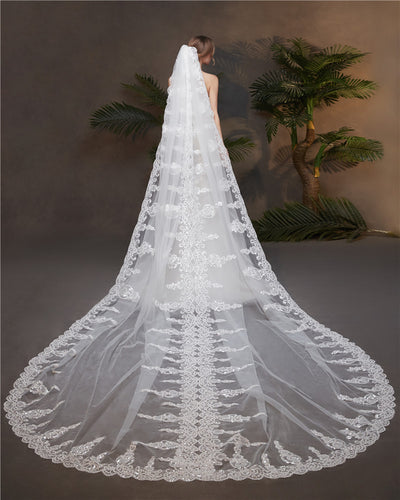 Wedding Veil One-Tier Tulle Lace Edge Cathedral Veils Sequins Appliques TS91016