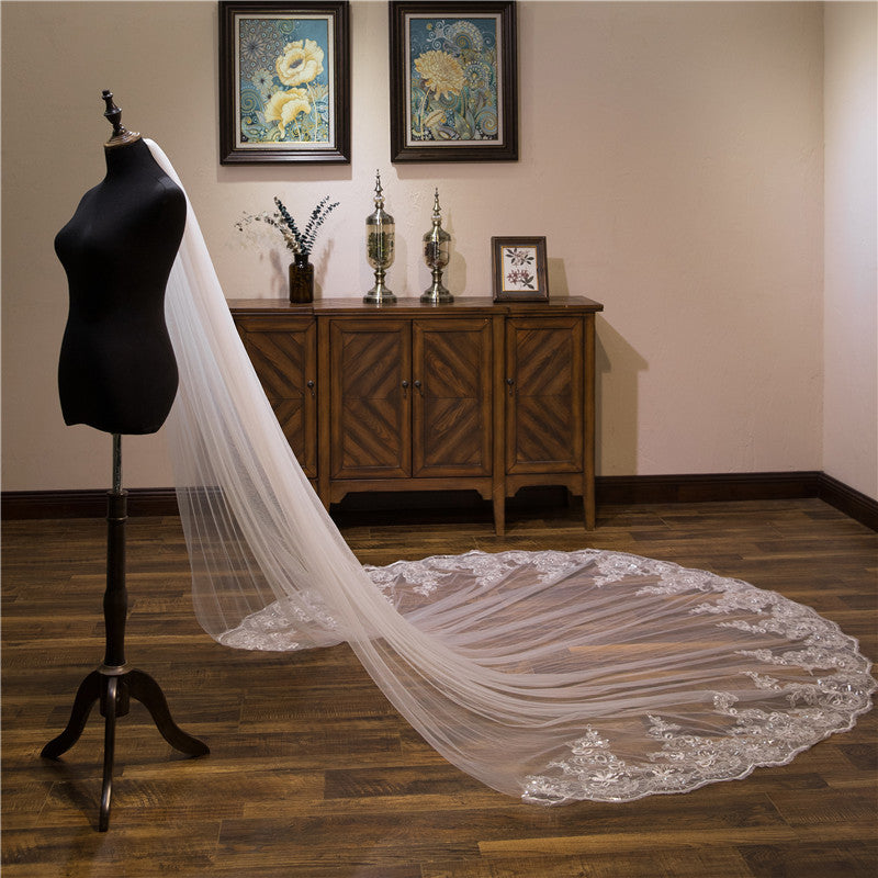 Wedding Veil One-Tier Lace Edge Tulle Cathedral Veils Sequin Appliques TS9016